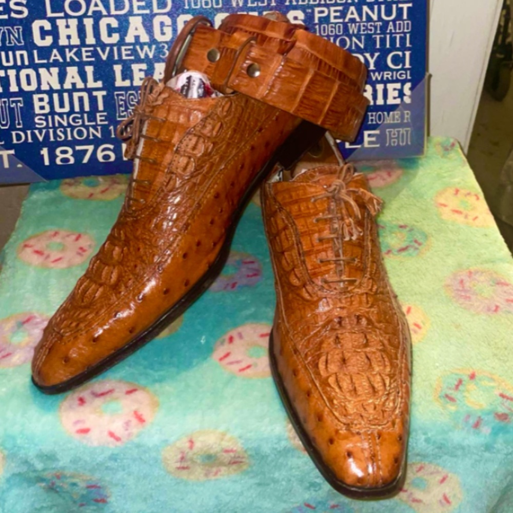Fennix Alligator Ostrich Caramel shoes SZ11 and Hornback Alligator Belt SZ42